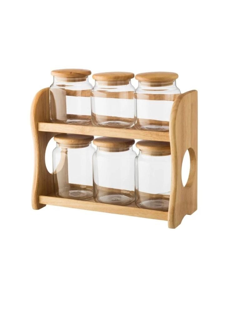 بريميم رف توابل خشبي مع أوعية زجاجية – مجموعة من ستة برطمانات لتخزين أدوات المطبخ - Image 1